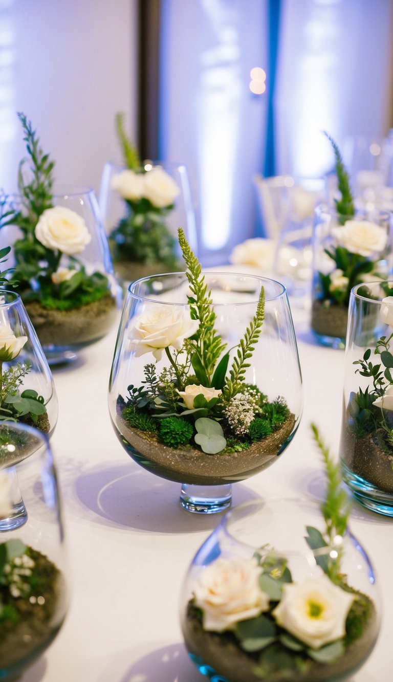 Glass terrariums arranged on tables with greenery and delicate flowers, creating elegant centerpieces for a wedding reception