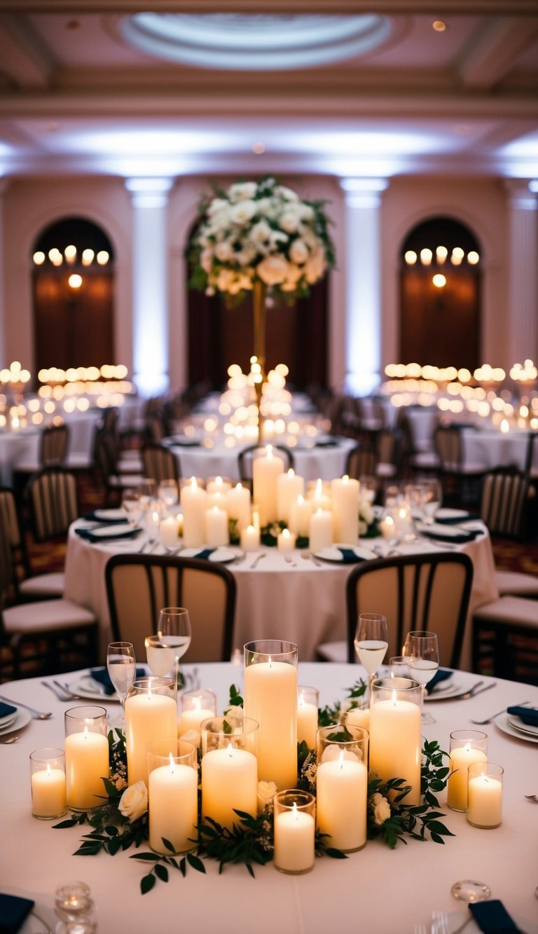 A grand ballroom adorned with ivory pillar candles, setting an elegant ambiance for a wedding celebration