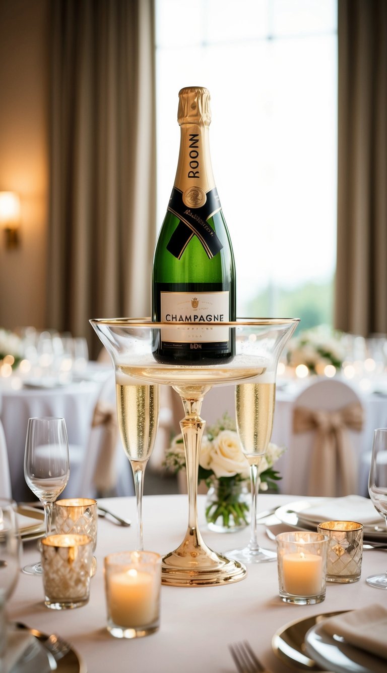 A champagne tower stands tall among elegant wedding decor