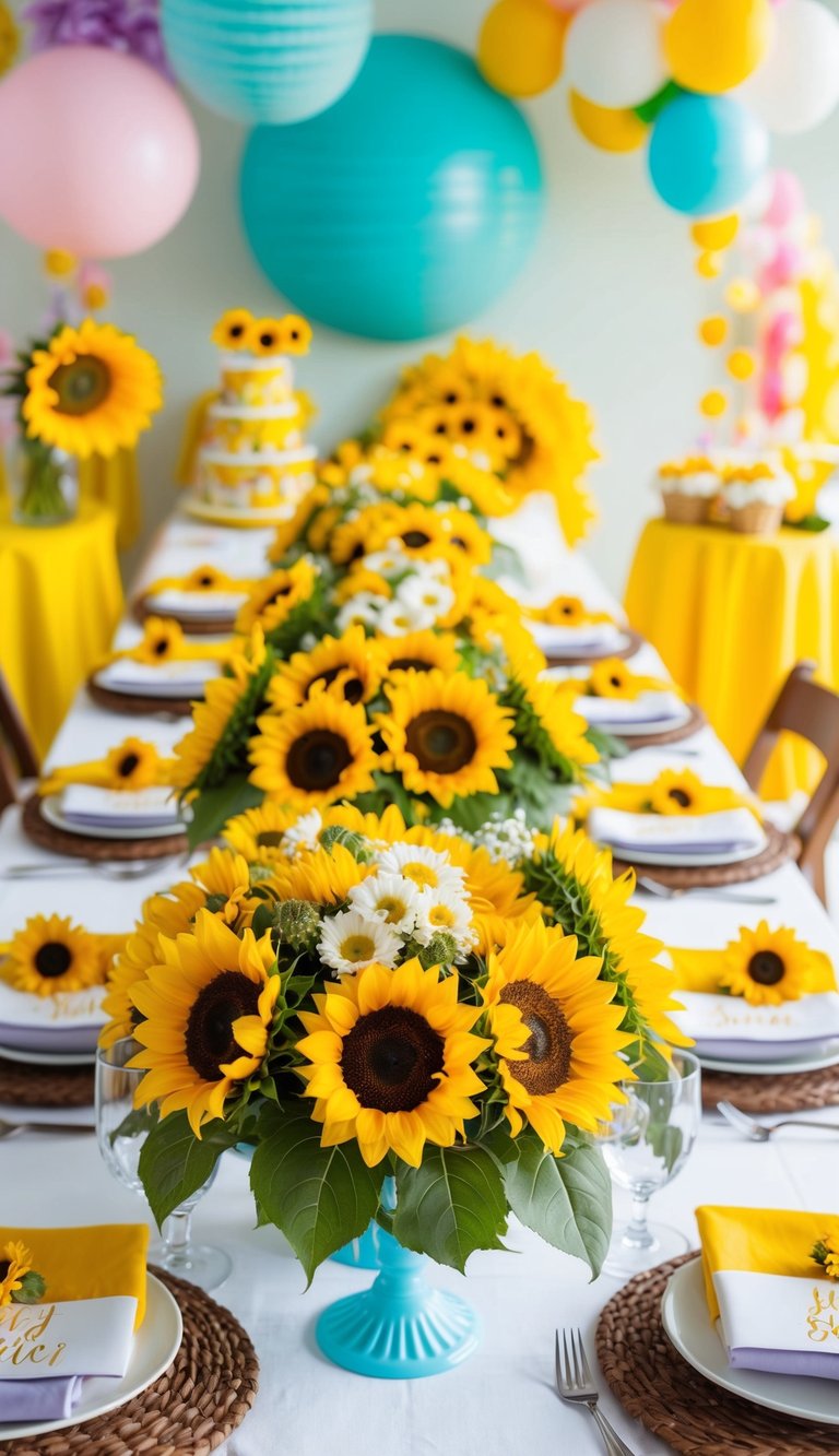A table adorned with sunflower centerpiece arrangements, surrounded by cheerful summer baby shower decor