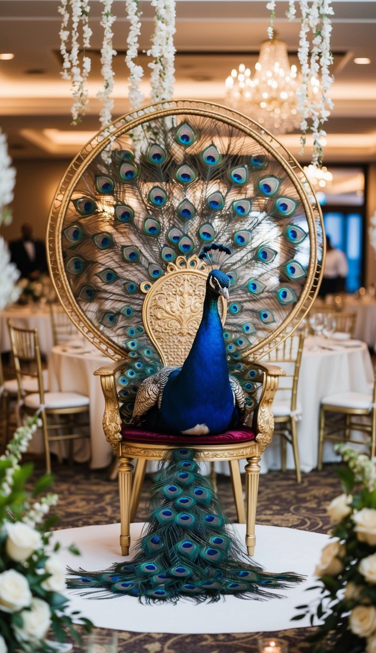 A peacock chair surrounded by elegant wedding decor