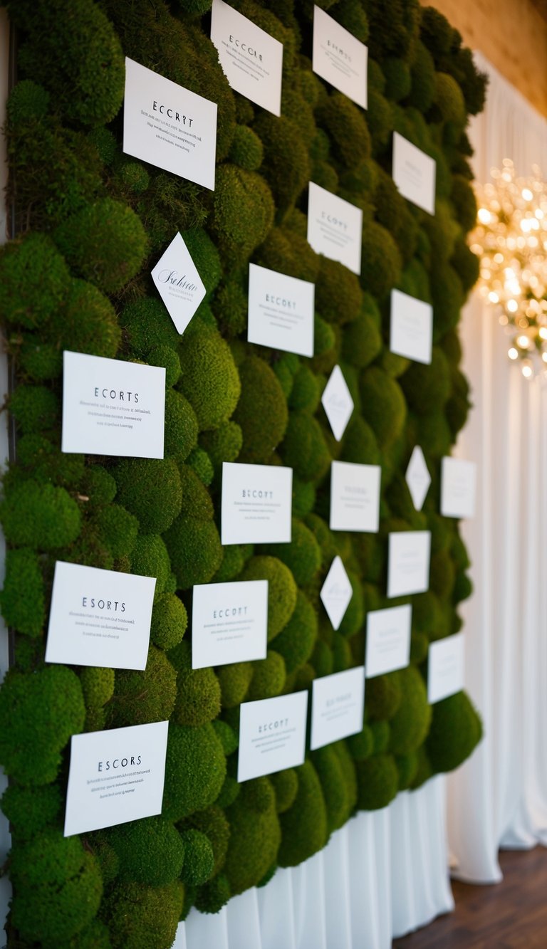 A moss-covered wall with escort cards arranged in a classy wedding decor setting