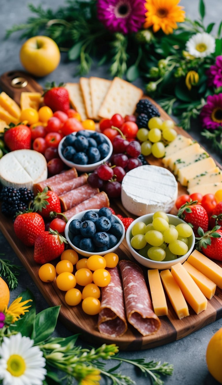A colorful array of fruits, cheeses, and meats arranged on a wooden charcuterie board, surrounded by vibrant flowers and greenery