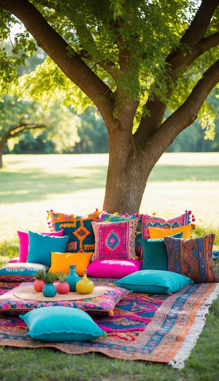 A colorful bohemian picnic setup with rugs, cushions, low tables, and vibrant summer decor nestled under a shady tree