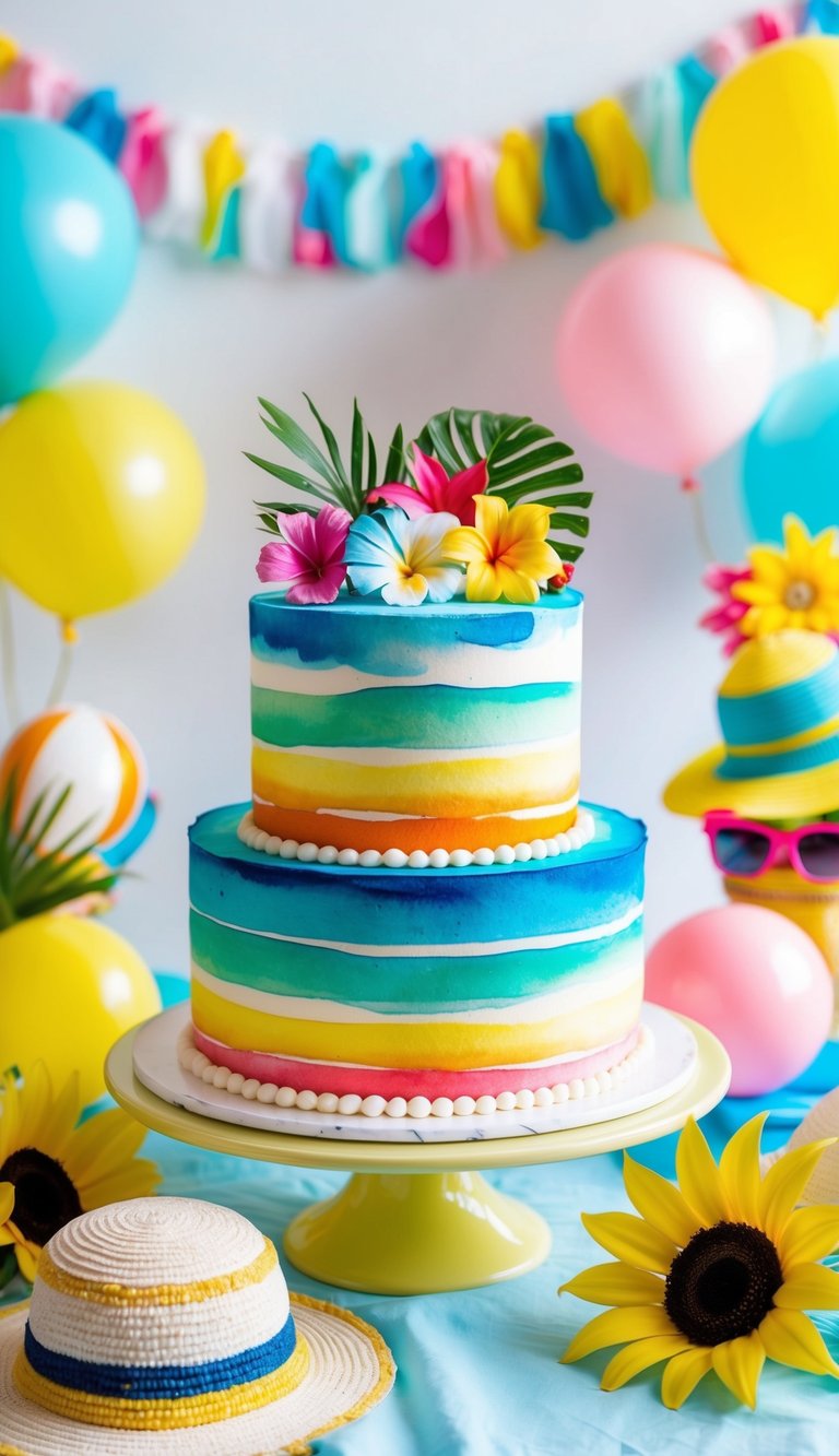 A colorful watercolor cake surrounded by summer-themed baby shower decorations, such as beach balls, sun hats, and tropical flowers
