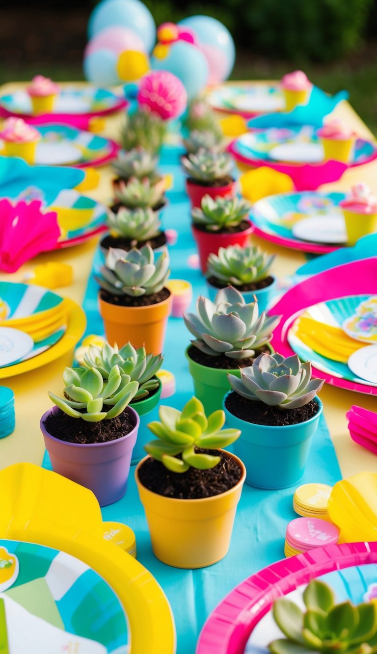A table adorned with colorful succulents in mini pots, surrounded by vibrant decorations and party favors for a summer baby shower