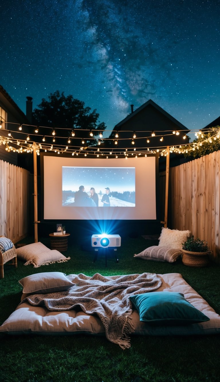 A cozy backyard with a large screen, string lights, blankets, and pillows. A projector displays a movie under the starry night sky