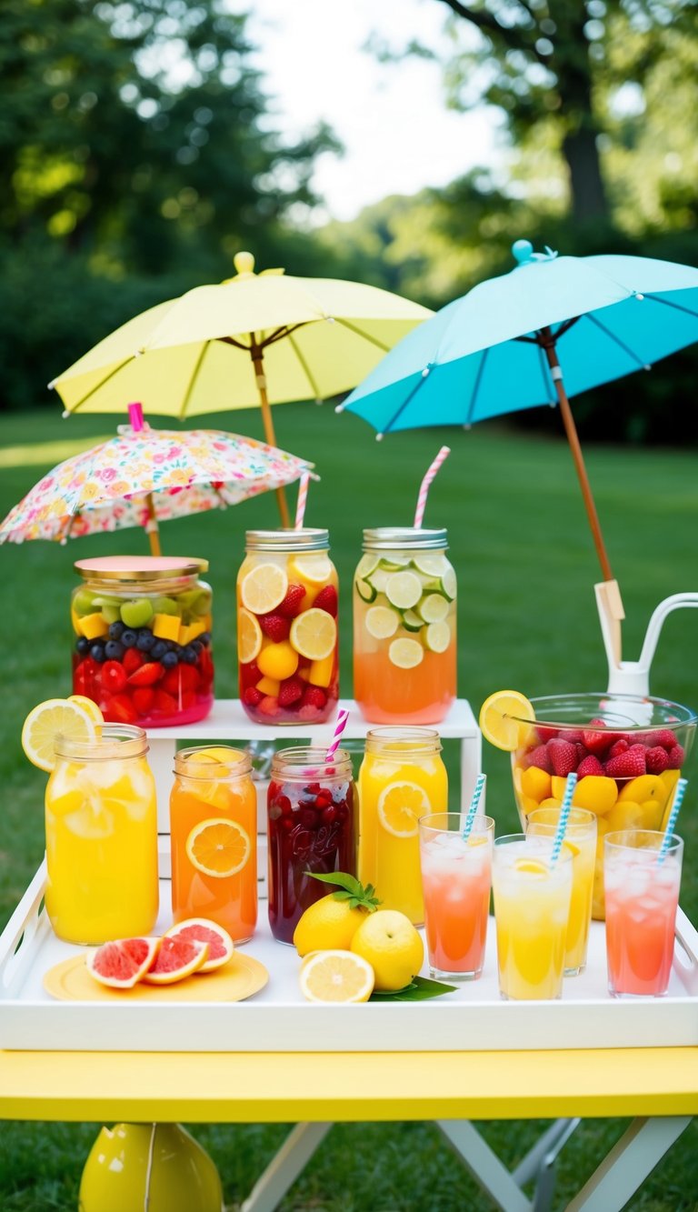 A colorful lemonade bar with various fruit garnishes and decorative umbrellas, set up outdoors for a summer baby shower