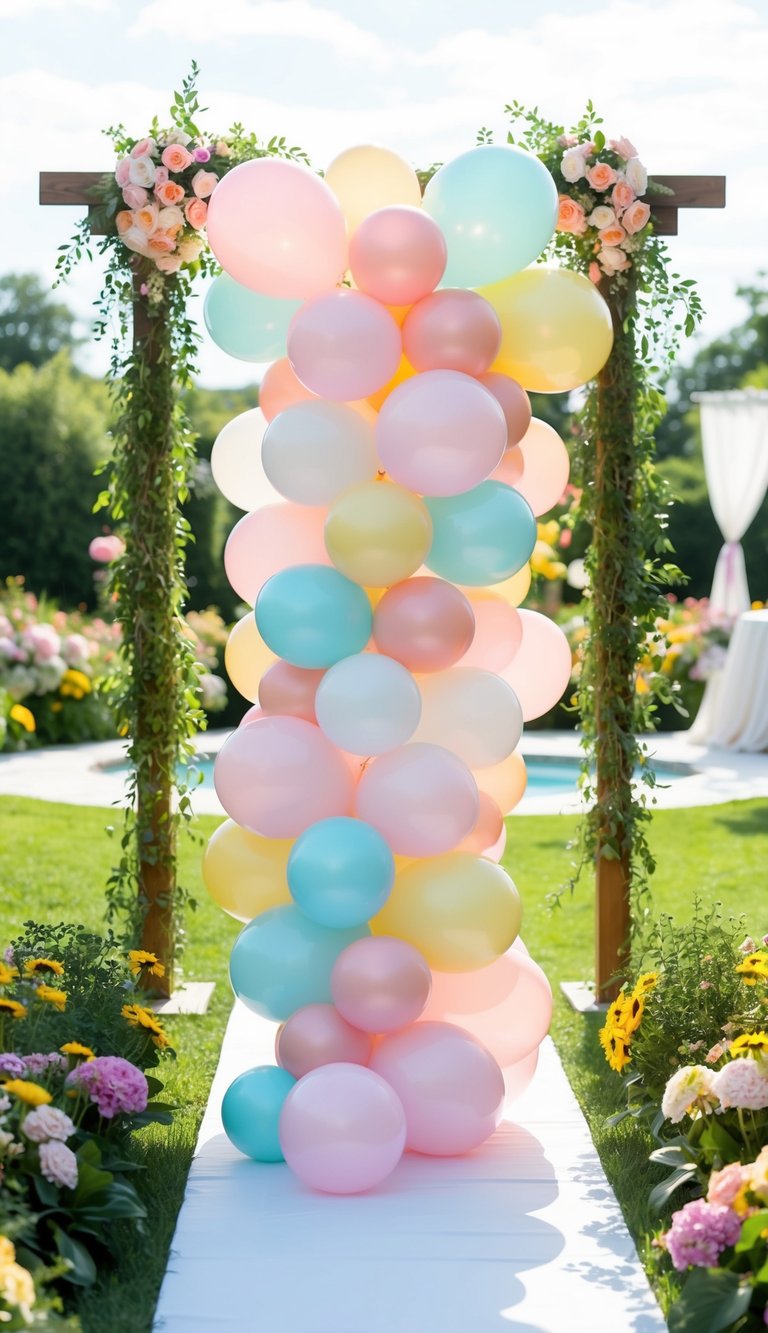 A whimsical pastel balloon garland cascades down a sunlit outdoor baby shower, surrounded by lush greenery and vibrant summer blooms