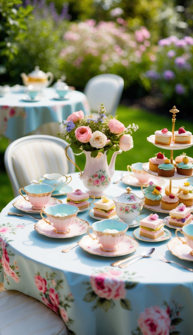 A charming outdoor garden set with vintage teacups, floral tablecloths, and an assortment of pastel-colored desserts and finger sandwiches