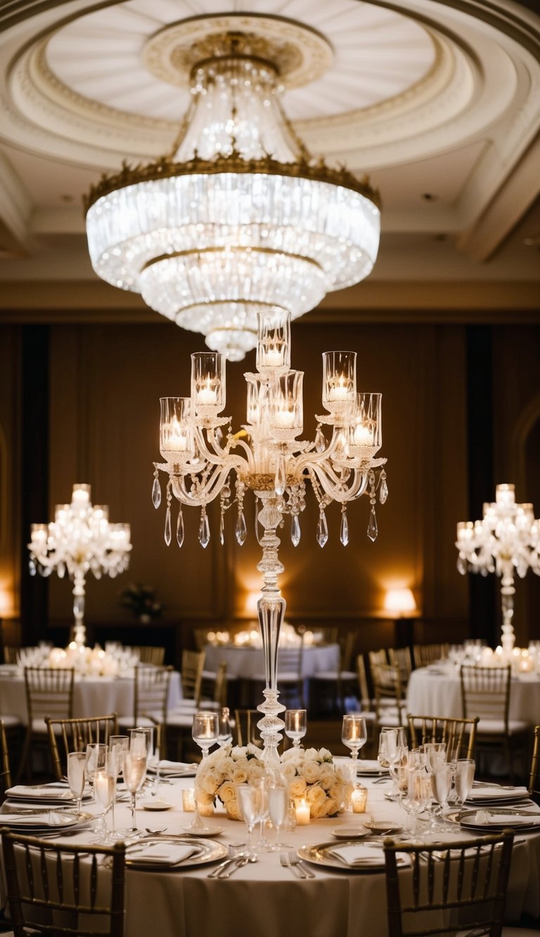 A grand ballroom adorned with vintage crystal candelabras, casting a warm, elegant glow over the sophisticated wedding decor