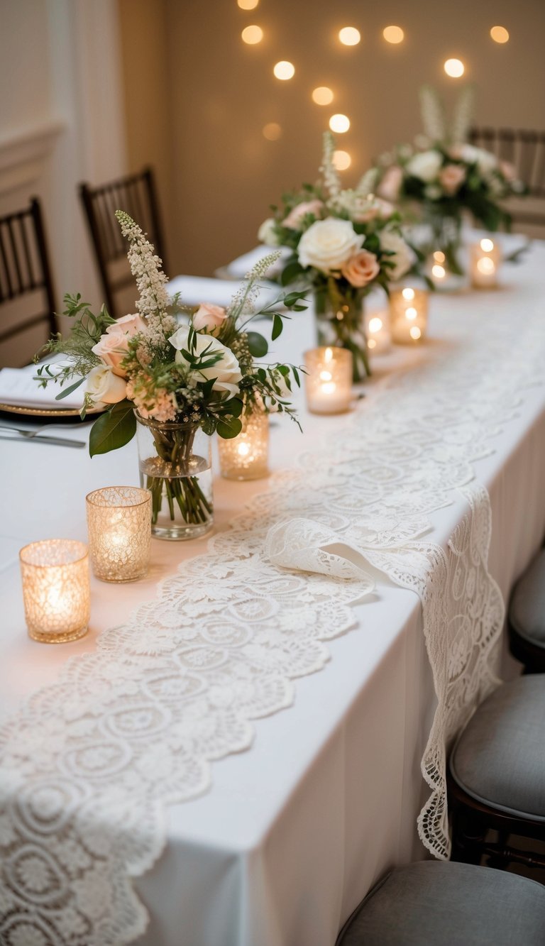A white lace table runner drapes elegantly across a table, adorned with delicate floral centerpieces and sparkling candlelight