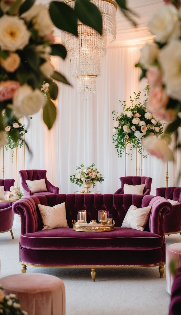 Sumptuous velvet lounge furniture arranged amidst elegant wedding decor