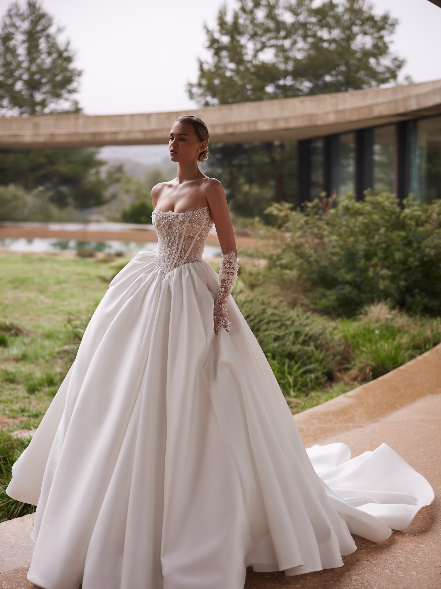 Corseted basque waist A-line gown