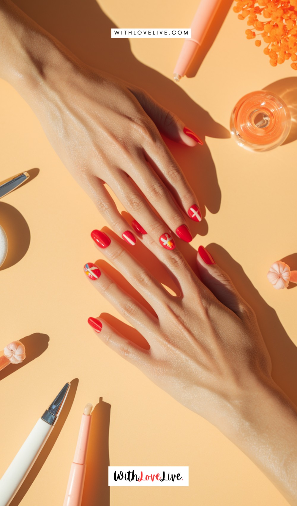 Red And White Short Summer Nails