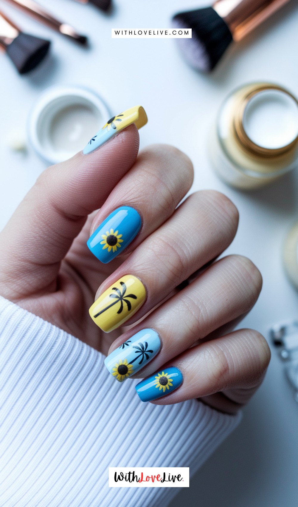Sunflower And Palm Tree Vacation Nails