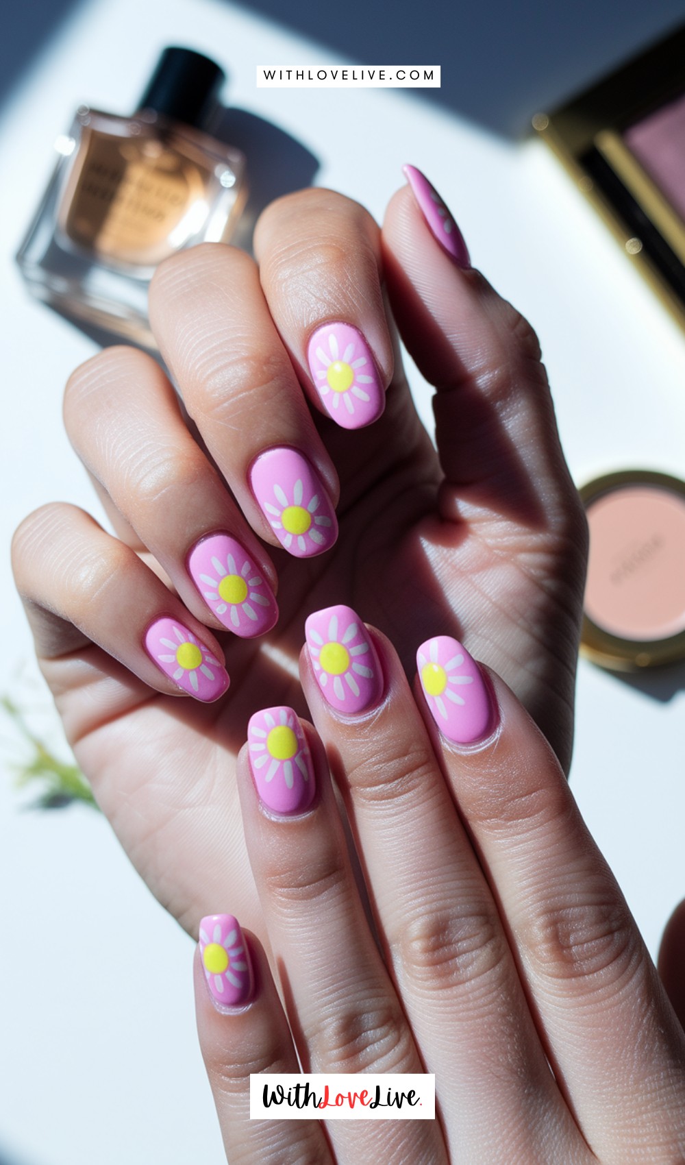 Pink Nails With Shining Sun Art