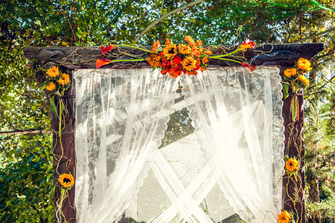 Autumn decorations for the wedding ceremony. Wedding arch for off-site wedding ceremony