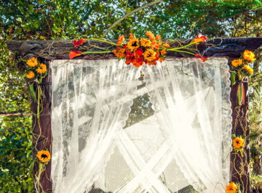Autumn decorations for the wedding ceremony. Wedding arch for off-site wedding ceremony