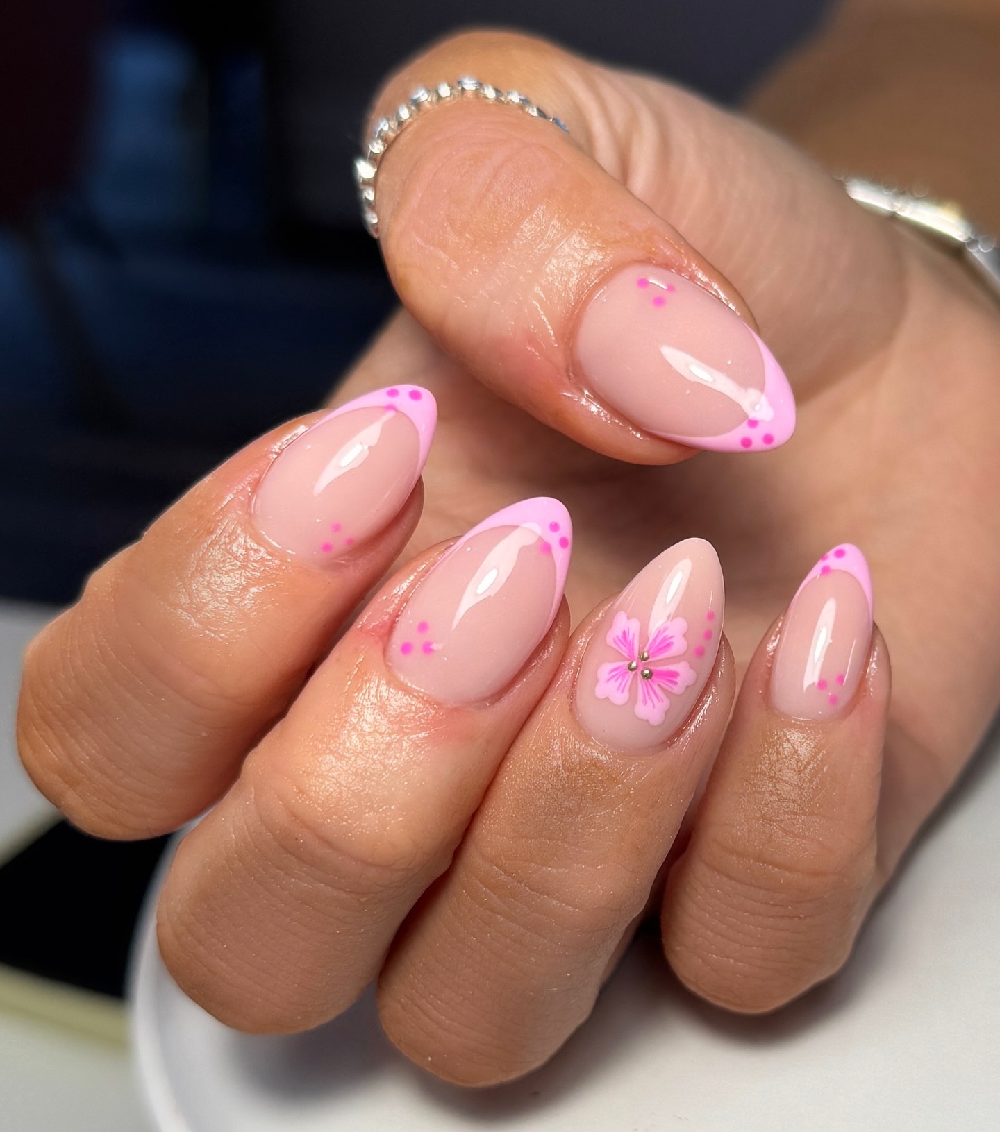 Pink French Tip Nails With Hibiscus Flower