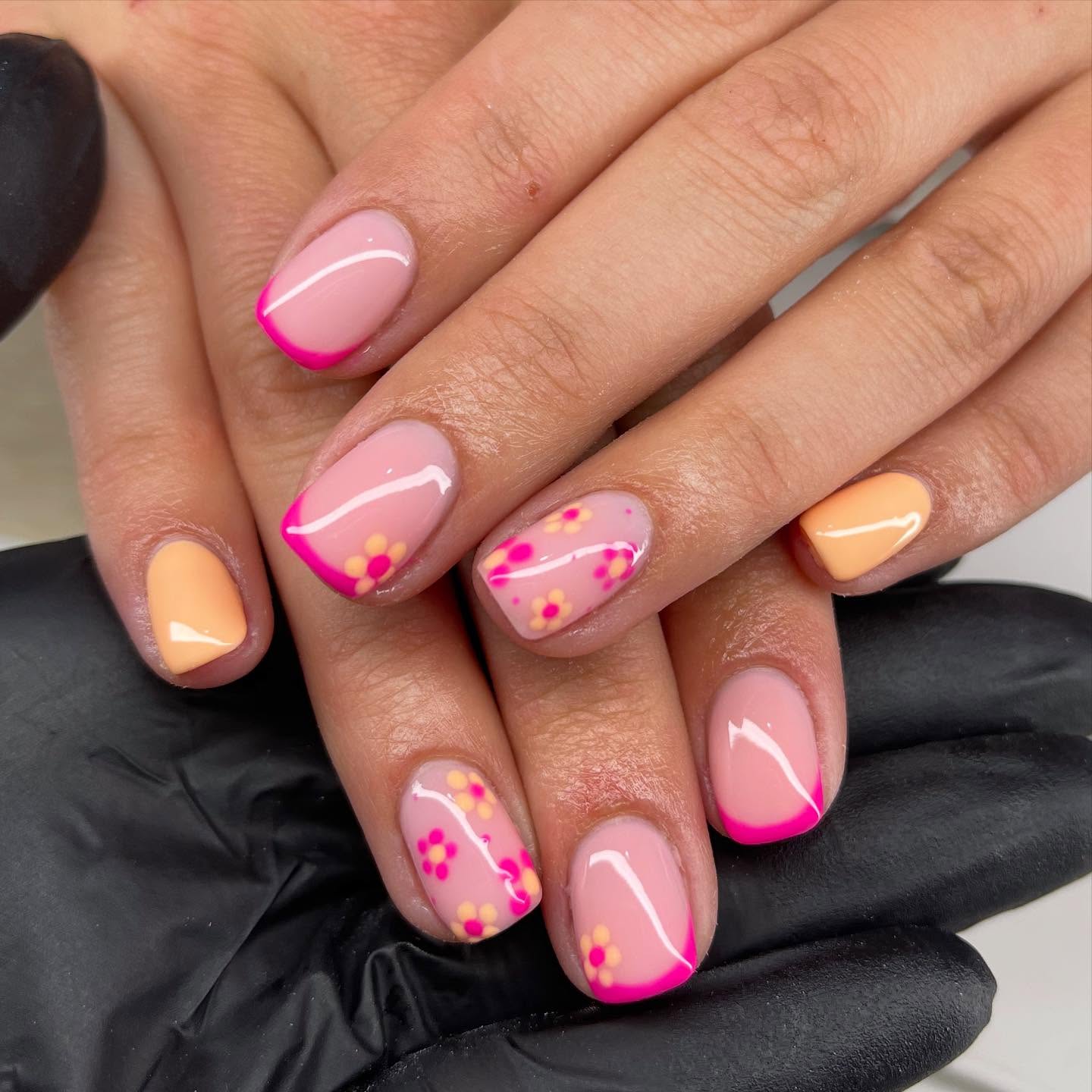 Pink Nails With Hand Painted Flowers