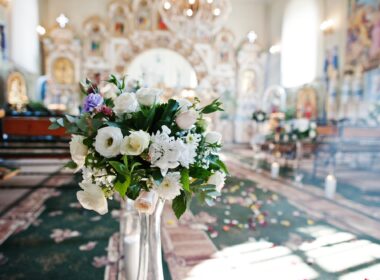 Lovely church decorated for the wedding ceremony.