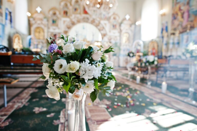 Lovely church decorated for the wedding ceremony.