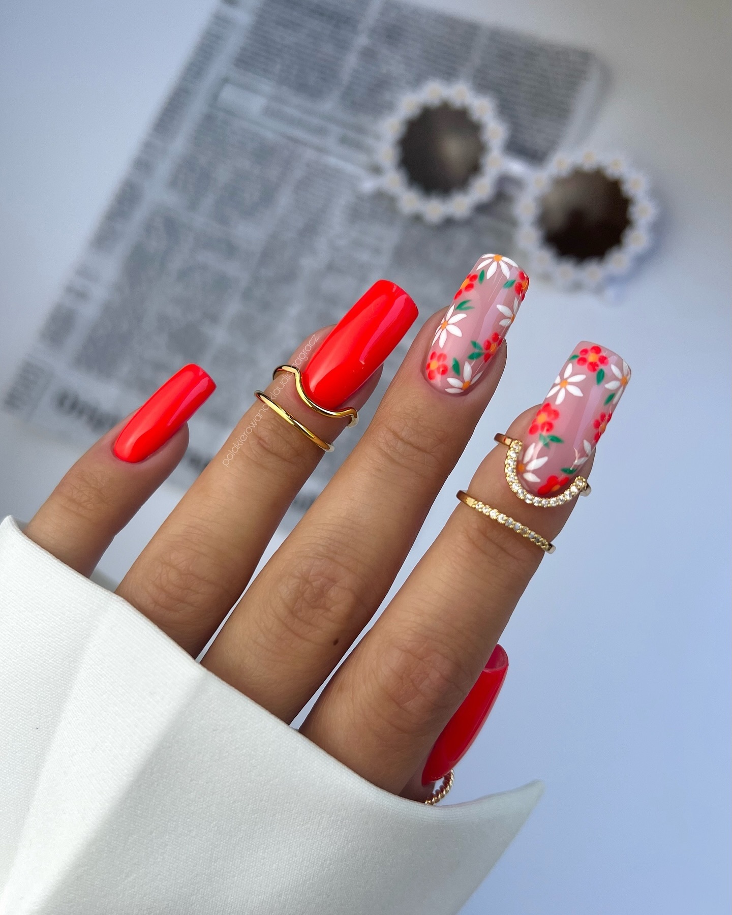 Stunning Red Nails With Floral Art