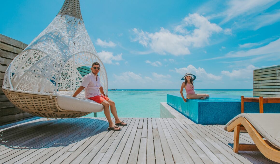 A couple at a luxurious resort in Maldives while on a summer vacation