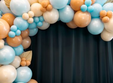 Balloons garland for little baby party on a blue background.