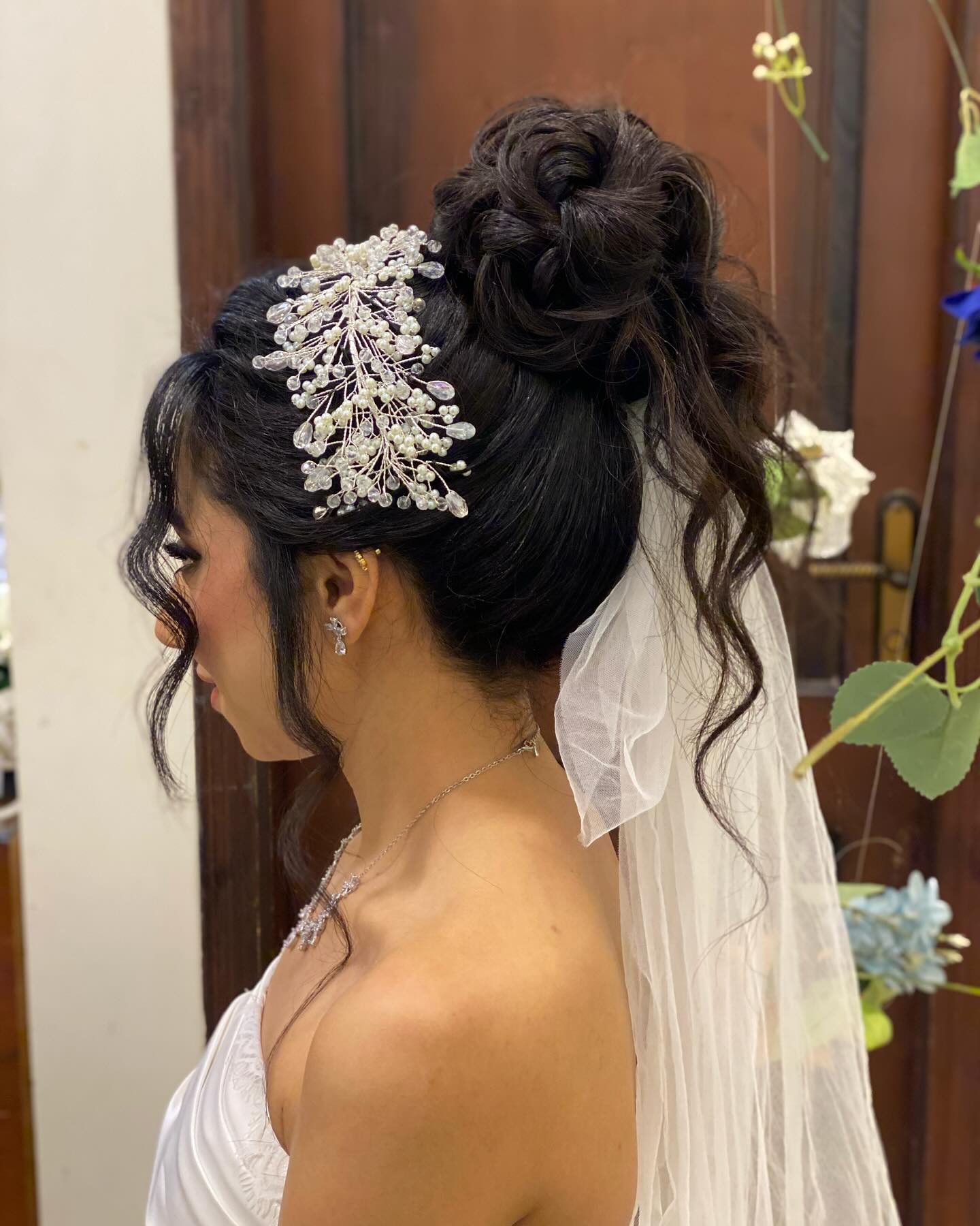 High Bun with Flower Crown Base