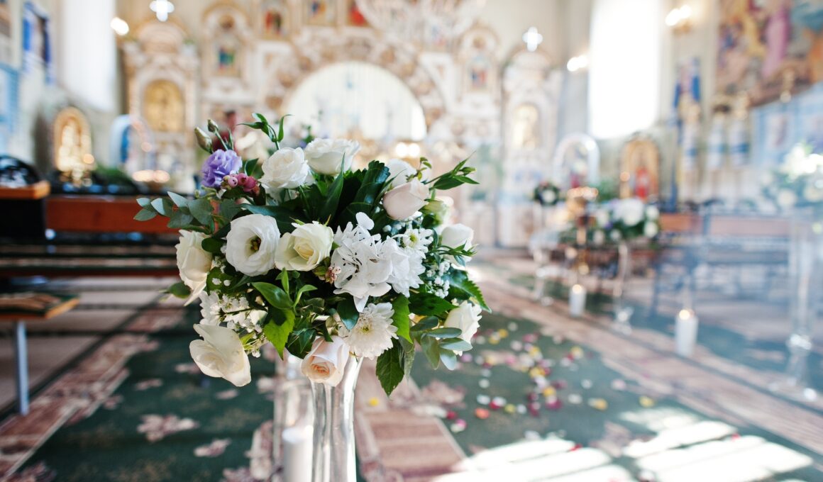Lovely church decorated for the wedding ceremony.