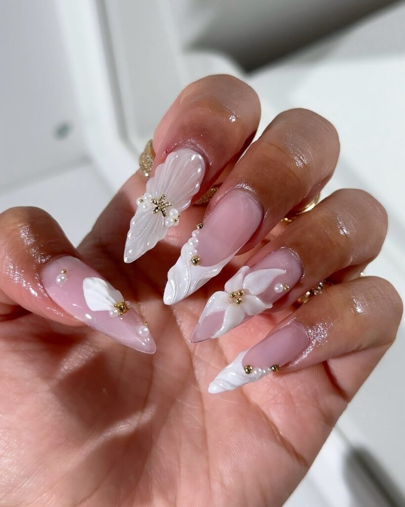 White Nails with 3D Floral Accents