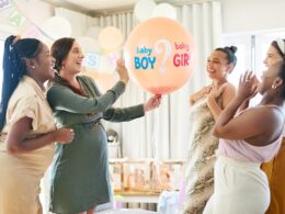 Shot of a group of women about to pop a balloon for a gender reveal during a baby shower