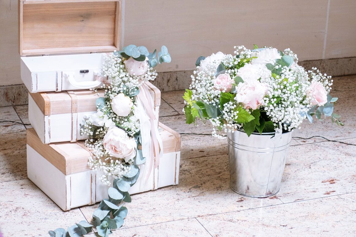 Wedding gift box decoration with eucalyptus leaves
