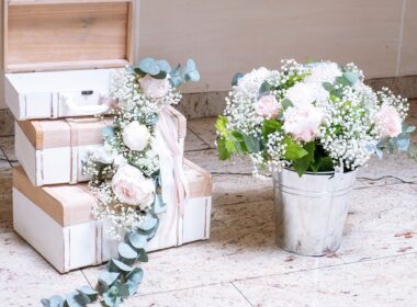 Wedding gift box decoration with eucalyptus leaves