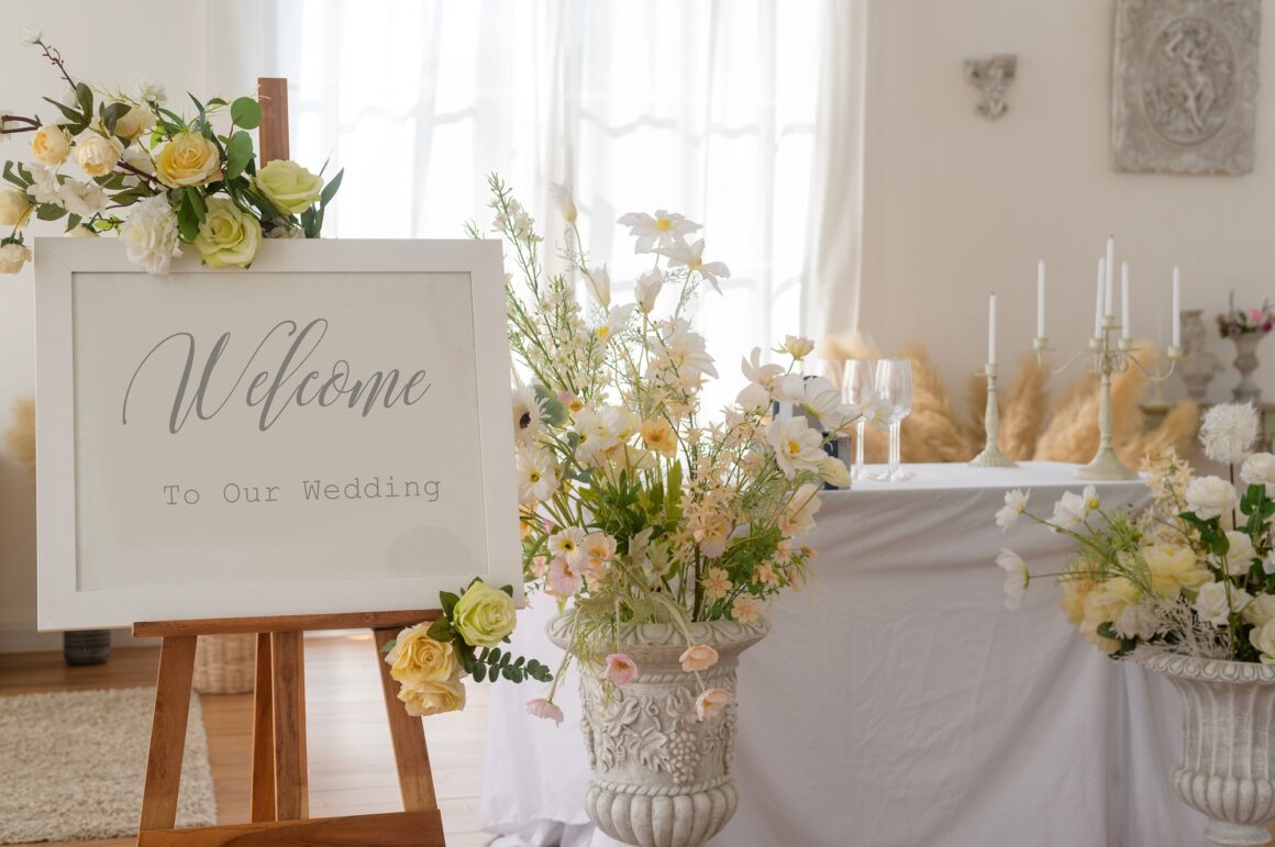 Welcome to wedding sign and reception table