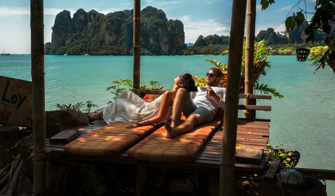 Couple in love on an island off the coast. Couple by the sea