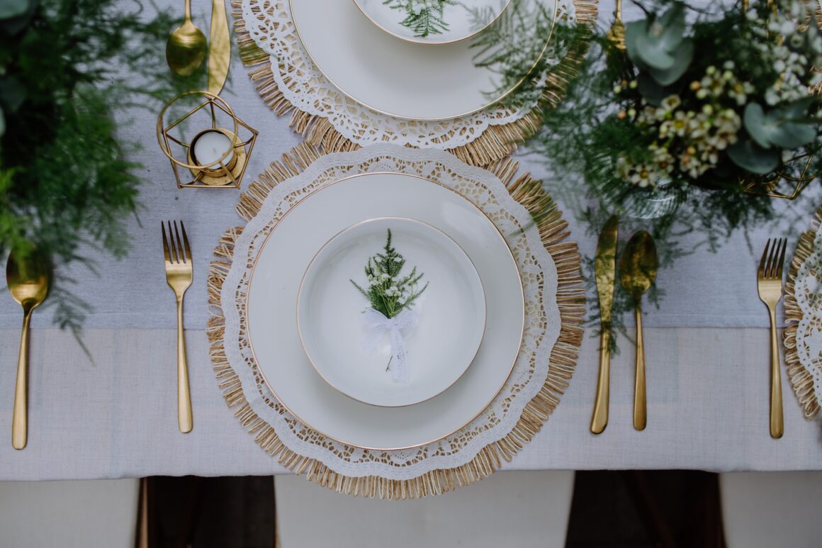 High angle view of aesthehic setting wedding table with flowers at backyard.