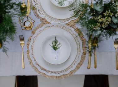 High angle view of aesthehic setting wedding table with flowers at backyard.