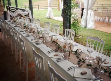 Outdoor catering dinner at the wedding with homemade garnishes decoration