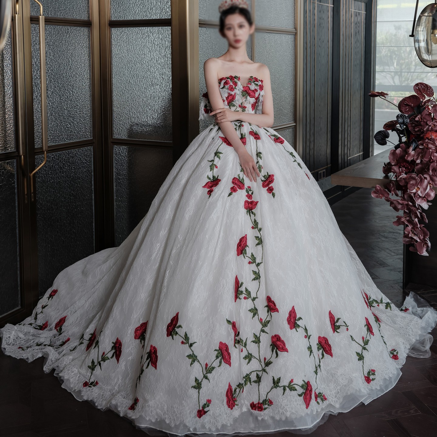 Ball gown with intricate floral embroidery