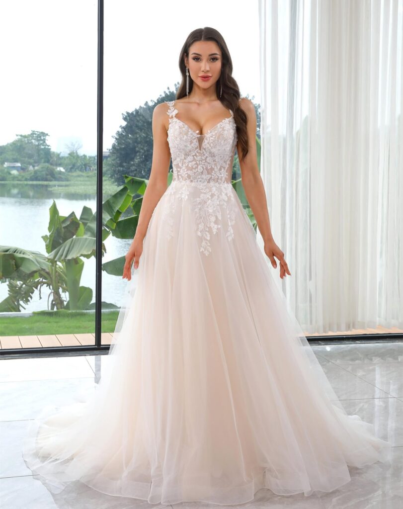 Tulle A-line gown with floral appliques