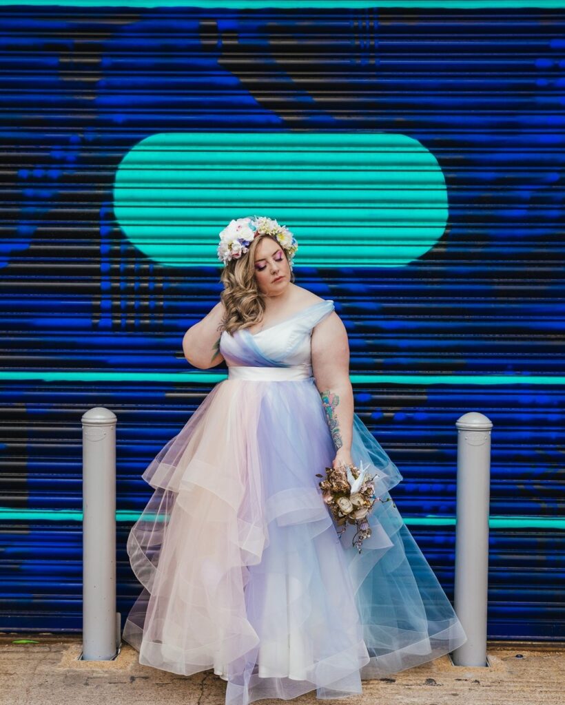 Soft pastel-colored babydoll wedding dress