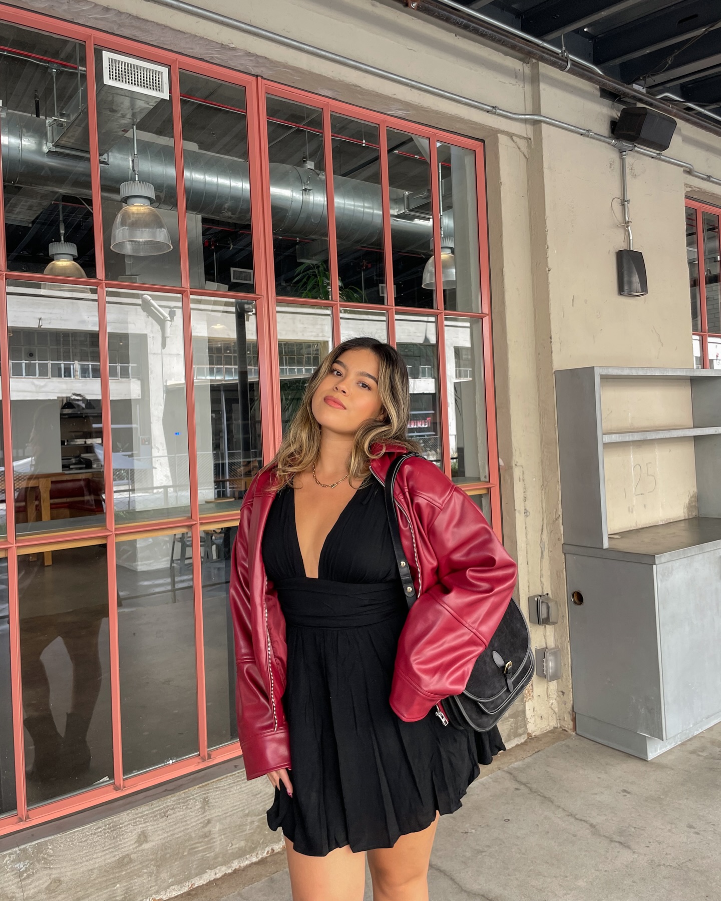 Cherry Red Jacket with Black Pleated Gown