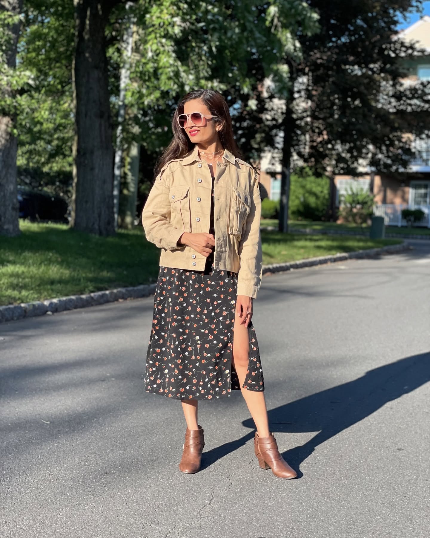 Cool Cargo Jacket Paired with Floral Dress