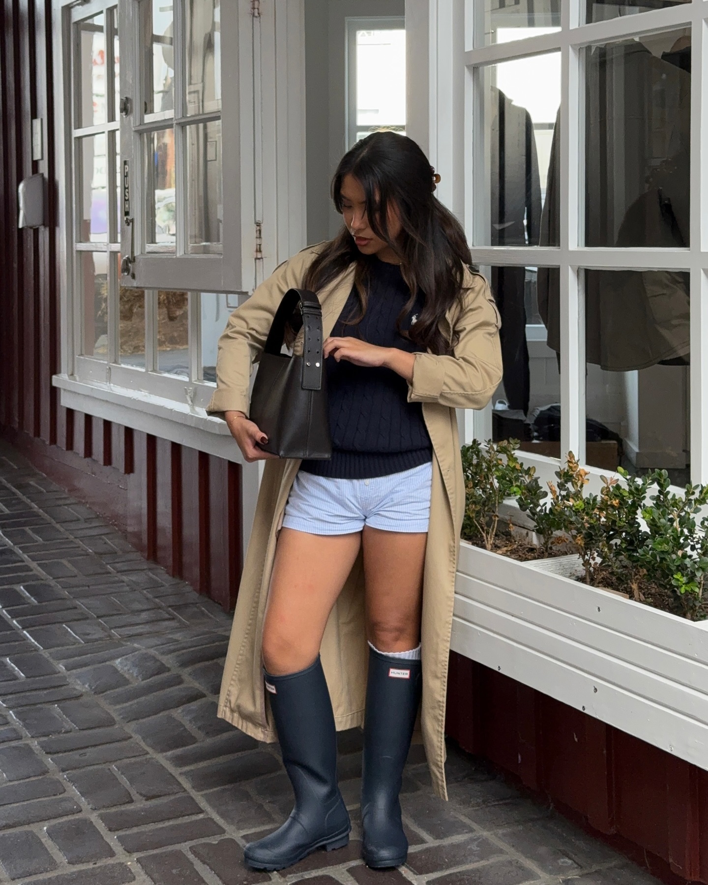 Knitted Sweater and Trench Coat over boyfriend shorts