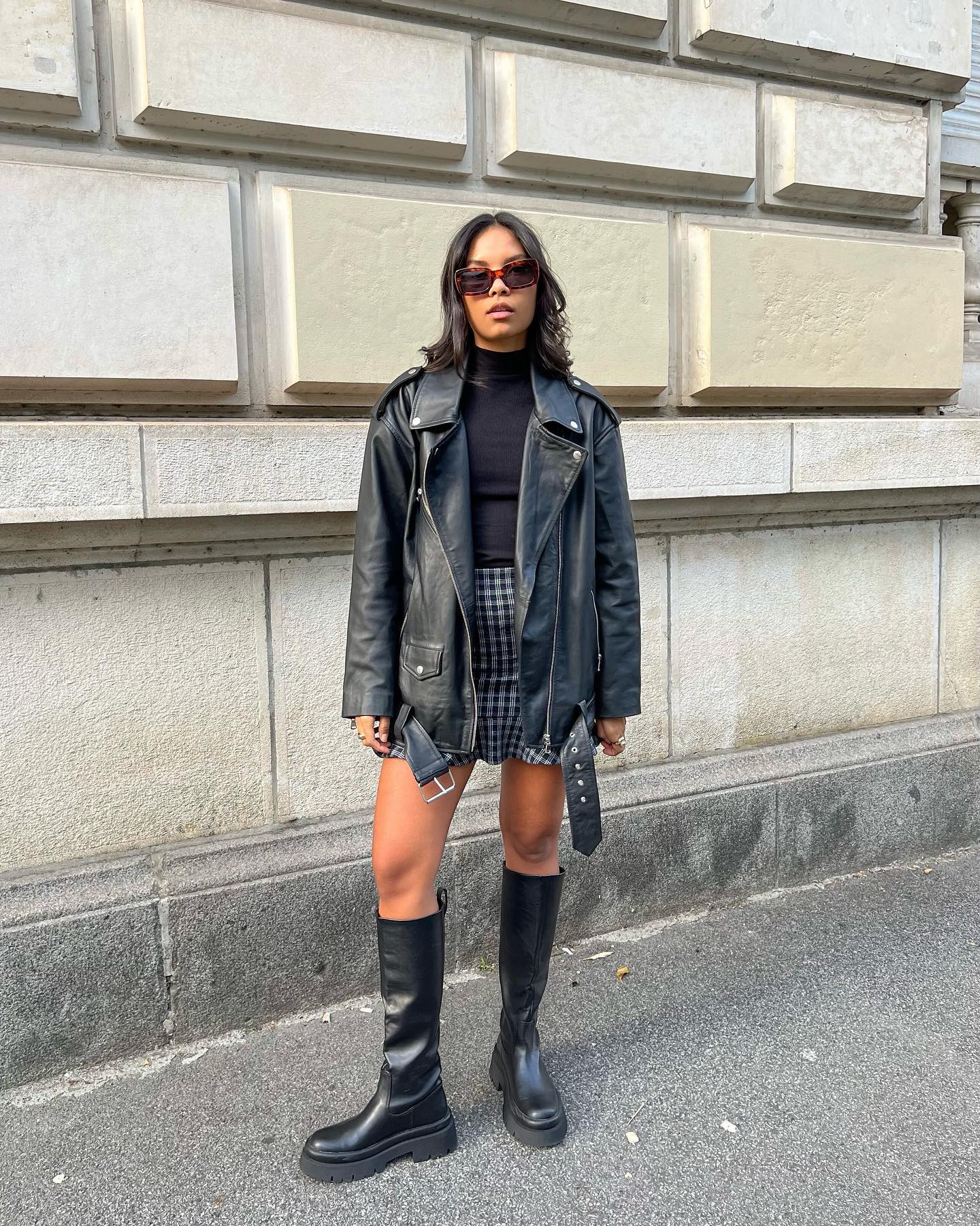 Leather Jacket with Plaid Skirt