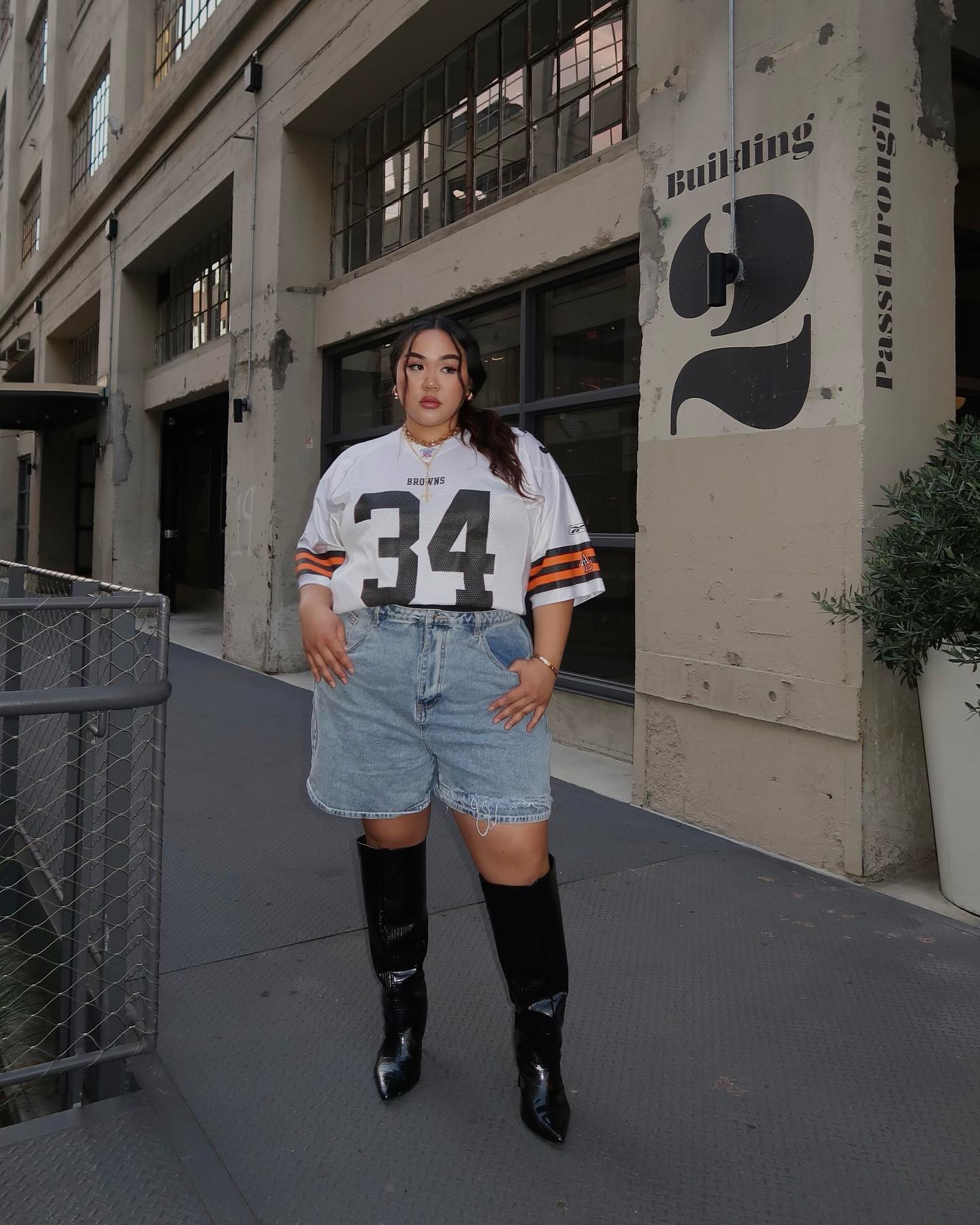 Oversized jersey with boyfriend jean shorts