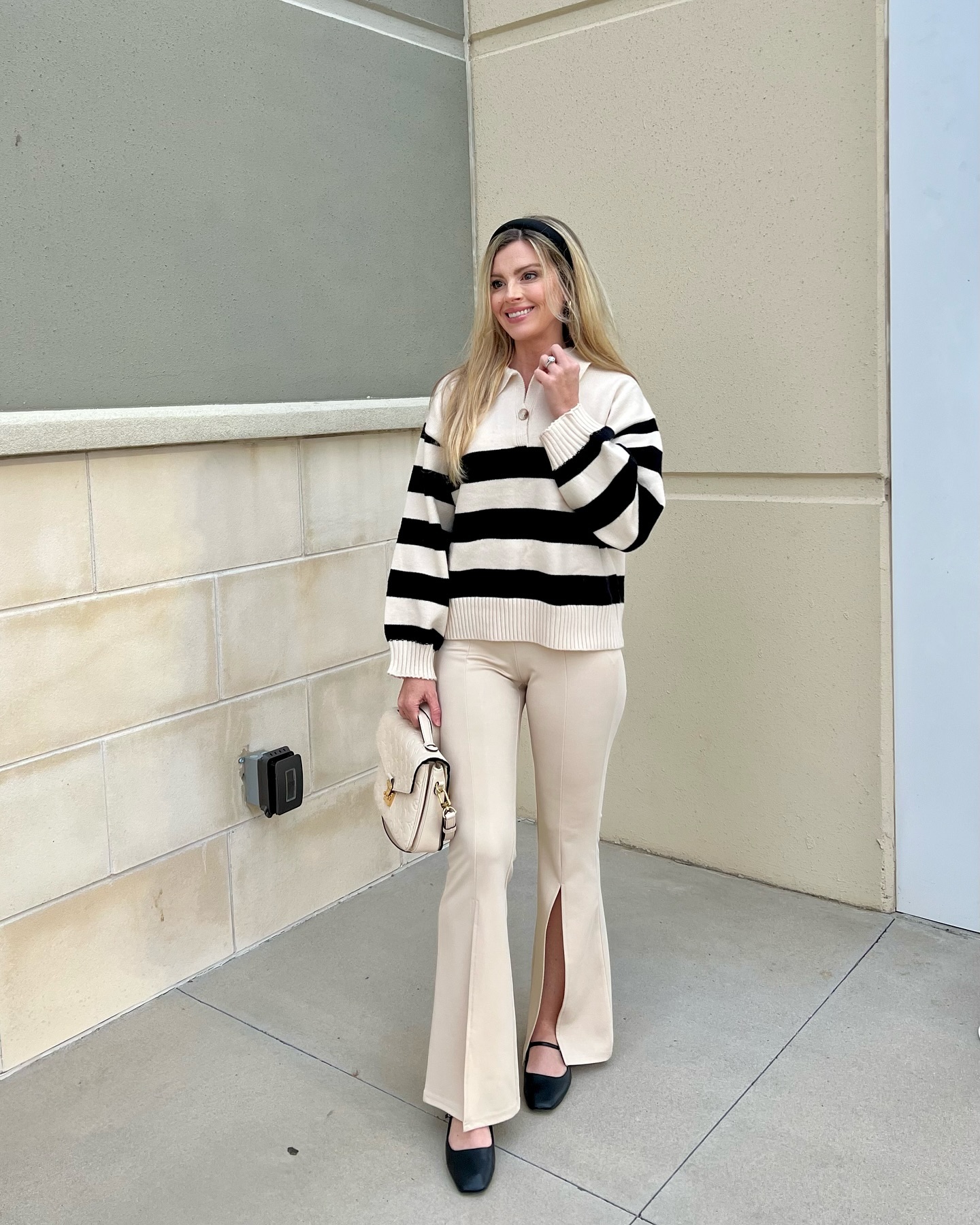 Striped Knit Sweater with Front Slit Trousers